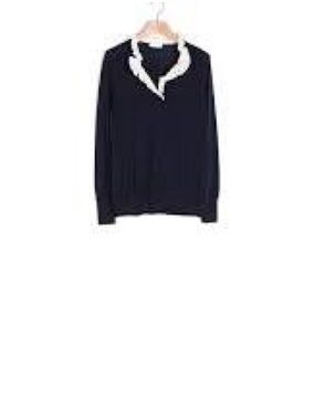 Sandro Navy V‑Neck Sweater with White Ruffle Trim